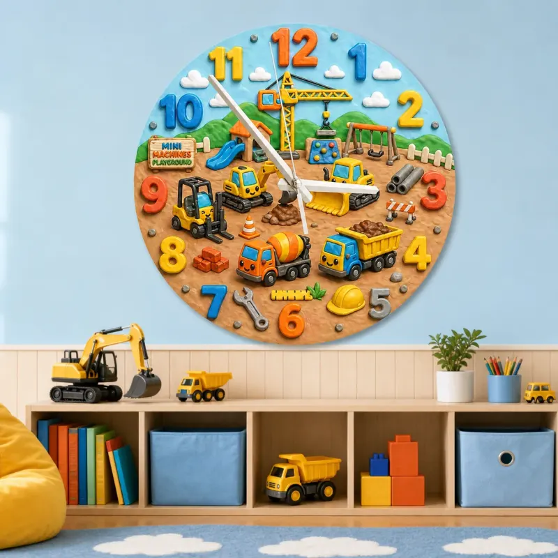 Construction Trucks Playground Kids Room Wall Clock | Boys Nursery Decor, Little Builder Toddler Birthday Gift Idea (13.6 inch / 34.5 cm)