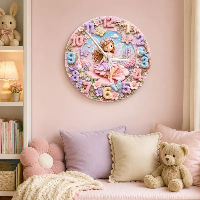Magical Fairy Princess Kids Room Wall Clock | Enchanted Castle Floral Nursery Decor, Sweet Baby Girl Room Keepsake (13.6 inch / 34.5 cm)