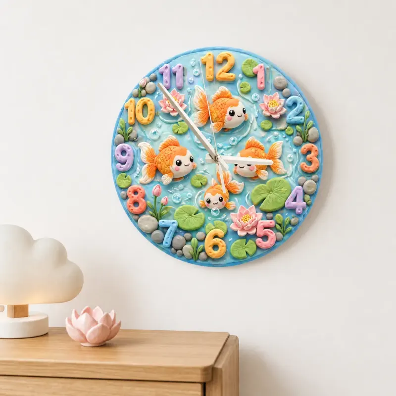 Whimsical Goldfish Pond Kids Room Wall Clock | Pastel Lotus Flower Nursery Home Decor, Sweet Newborn Baby Shower Gift (13.6 inch / 34.5 cm)