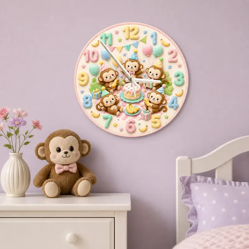 Pastel Monkey Birthday Kids Room Wall Clock | Cute Safari Animal Nursery Decor, Sweet Baby Shower Gift For Children (13.6 inch / 34.5 cm)