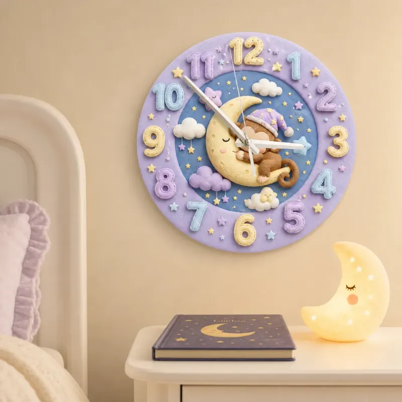 Sleeping Monkey on Moon Kids Room Wall Clock | Pastel Night Sky Nursery Decor, Cute Baby Shower Gift for Newborns (13.6 inch / 34.5 cm)