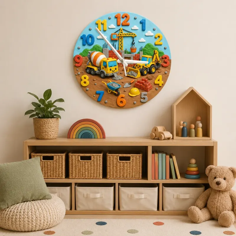 Construction Trucks Kids Room Wall Clock | Digger And Excavator Nursery Decor, Toddler Boy Playroom Birthday Present (13.6 inch / 34.5 cm)