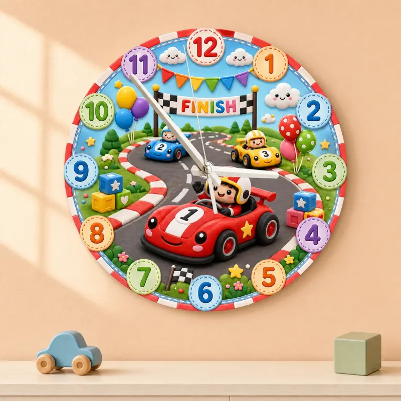 Wood Race Car Track Kids Room Wall Clock