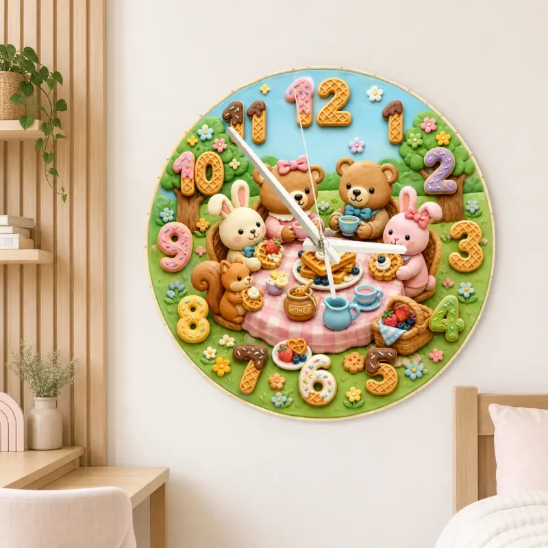 Woodland Tea Party Kids Room Wall Clock | Bunny Bear Nursery Decor, Sweet Baby Shower Birthday Gift (13.6 inch / 34.5 cm)