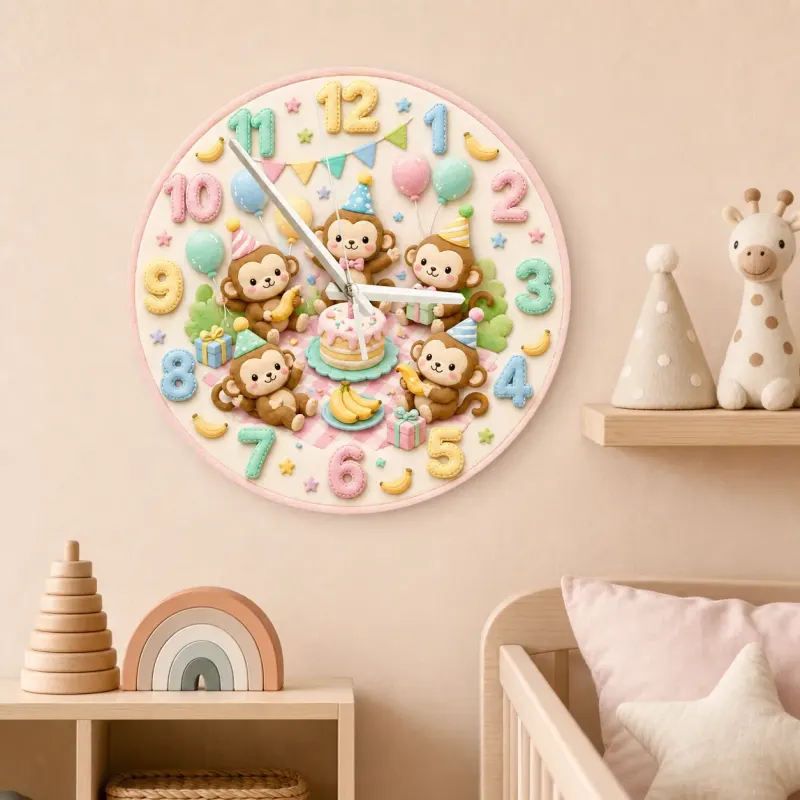Pastel Monkey Birthday Kids Room Wall Clock | Cute Safari Animal Nursery Decor, Sweet Baby Shower Gift For Children (13.6 inch / 34.5 cm)