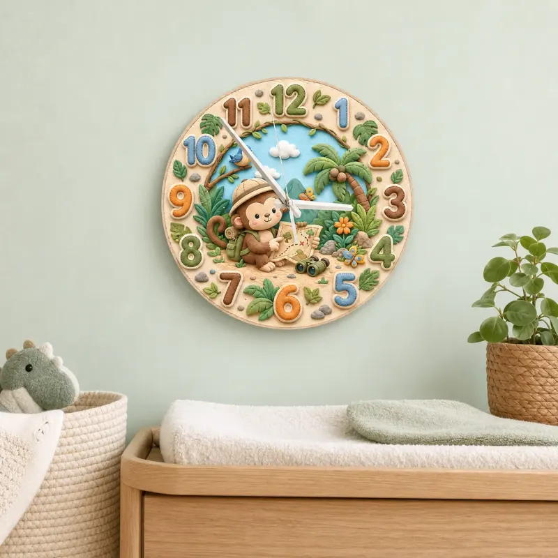 Safari Monkey Explorer Kids Room Wall Clock | Jungle Adventure Nursery Decor, Baby Shower Gift, Little Boy Keepsake (13.6 inch / 34.5 cm)