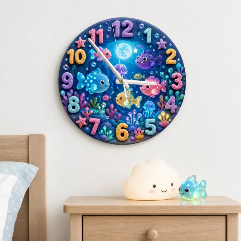 Magical Under The Sea Kids Room Wall Clock | Ocean Fish Nursery Decor, Baby Boy Girl Bedroom Birthday Keepsake Gift (13.6 inch / 34.5 cm)