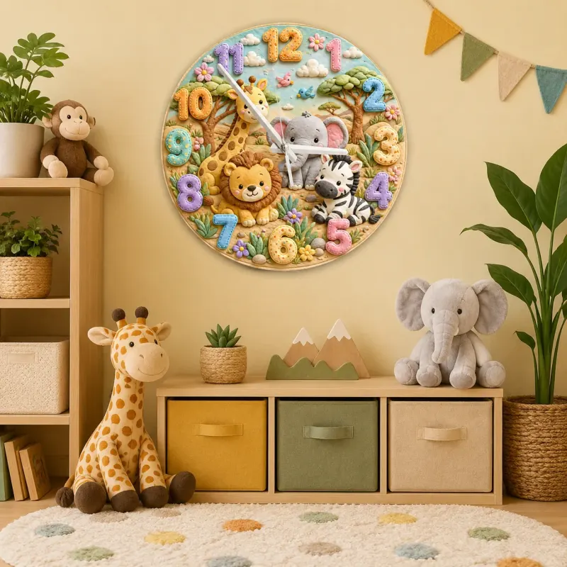 Safari Jungle Animals Kids Room Wall Clock | Cute Lion Elephant Nursery Decor, Playroom Baby Shower Boy Girl Gift (13.6 inch / 34.5 cm)