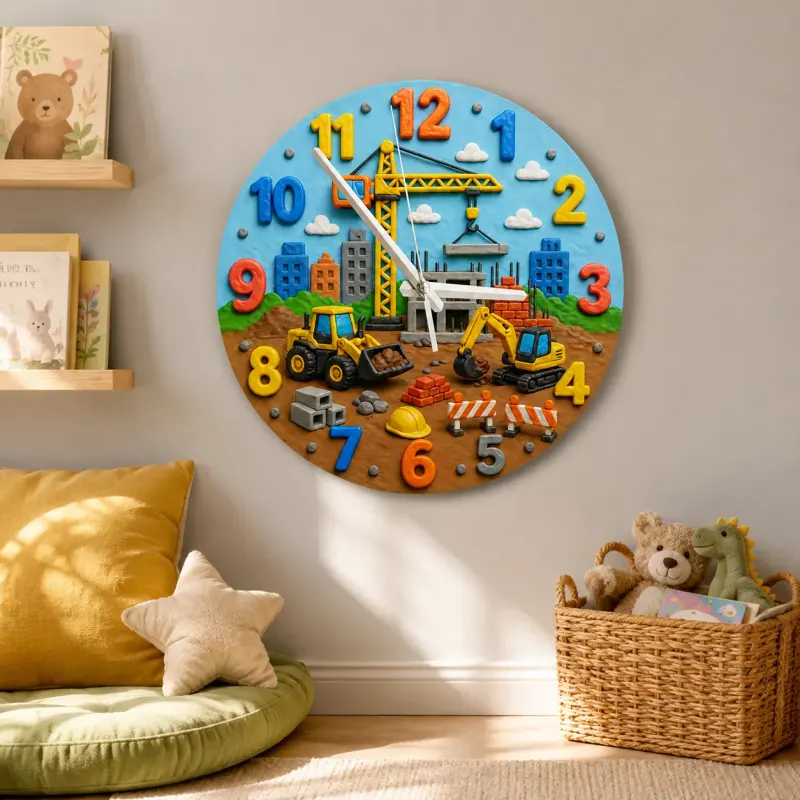 Construction Site Vehicles Kids Room Wall Clock | Boys Nursery Decor, Playroom Wall Art, Perfect Toddler Boy Gift Idea (13.6 inch / 34.5 cm)