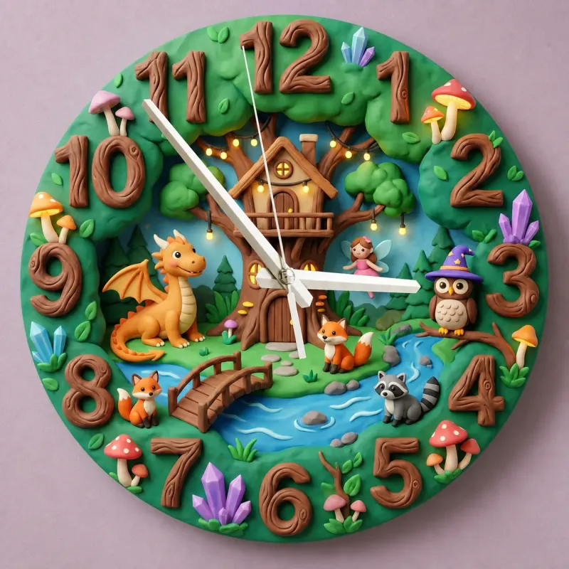 Enchanted Forest Dragon Fairy Kids Room Wall Clock | Magical Woodland Nursery Decor, Baby Boy And Girl Birthday Gift (13.6 inch / 34.5 cm)