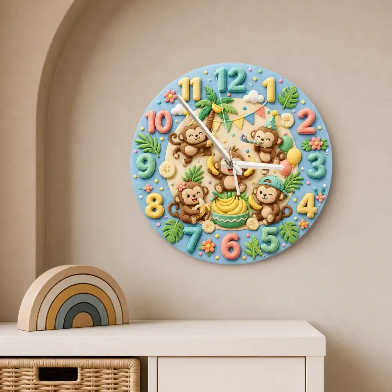 Playful Jungle Monkey Kids Room Wall Clock | Safari Nursery Decor, Cute Tropical Baby Shower Gift For Boys & Girls (13.6 inch / 34.5 cm)