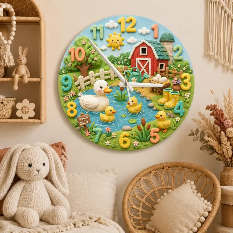 Cute Farmyard Duck Pond Kids Room Wall Clock | Whimsical Red Barn Nursery Decor, Baby Shower Gift For Boys Or Girls (13.6 inch / 34.5 cm)