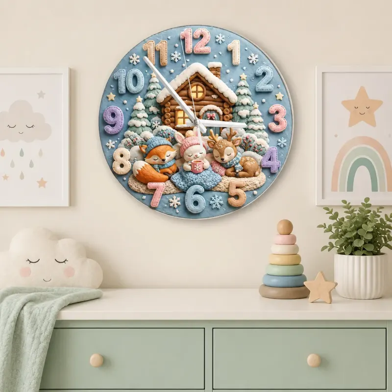 Cozy Winter Woodland Animals Kids Room Wall Clock | Snowy Cabin Nursery Decor, Baby Shower Gift For Girls And Boys (13.6 inch / 34.5 cm)