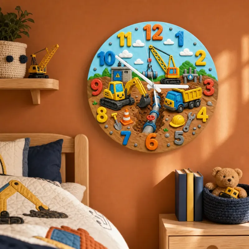 Construction Trucks Kids Room Wall Clock | Cute Excavator Boy Nursery Decor, Toddler Boy Playroom Birthday Keepsake (13.6 inch / 34.5 cm)