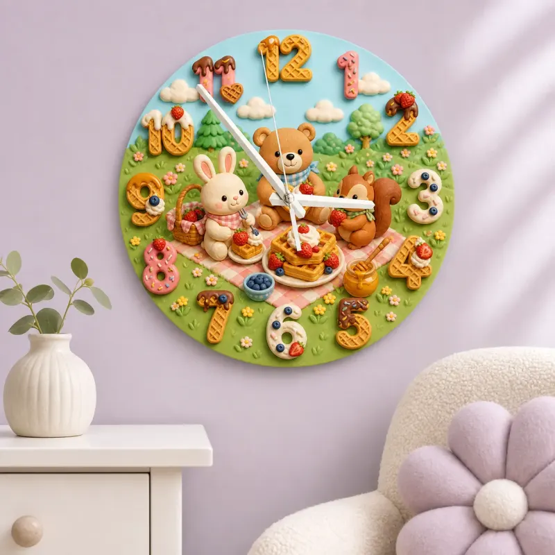 Woodland Animal Waffle Kids Room Wall Clock | Forest Picnic Nursery Decor, Baby Shower Birthday Gift (13.6 inch / 34.5 cm)
