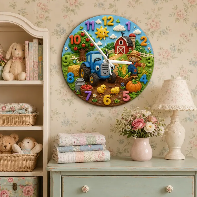 Blue Tractor Farm Kids Room Wall Clock | Barnyard Scarecrow Nursery Art Decor, Little Boy Birthday Baby Shower Gift (13.6 inch / 34.5 cm)