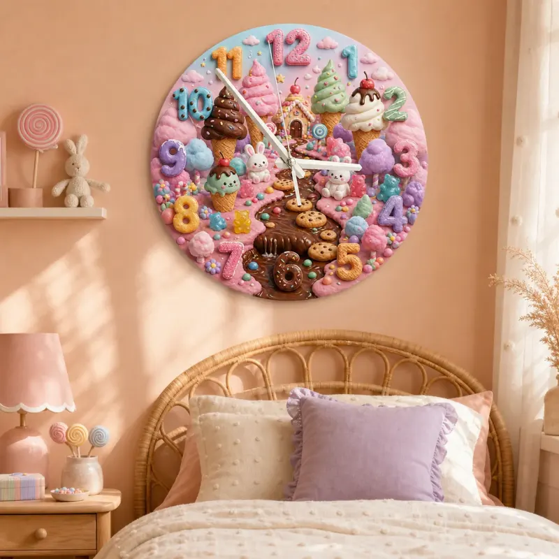 Magical Candyland Ice Cream Kids Room Wall Clock | Sweet Treats Nursery Decor, Whimsical Girl Bedroom Decor Keepsake (13.6 inch / 34.5 cm)