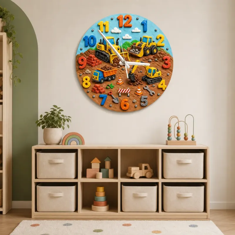 Construction Vehicles Kids Room Wall Clock | Playful Boys Bedroom Nursery Decor, Little Builder Birthday Gift Idea (13.6 inch / 34.5 cm)