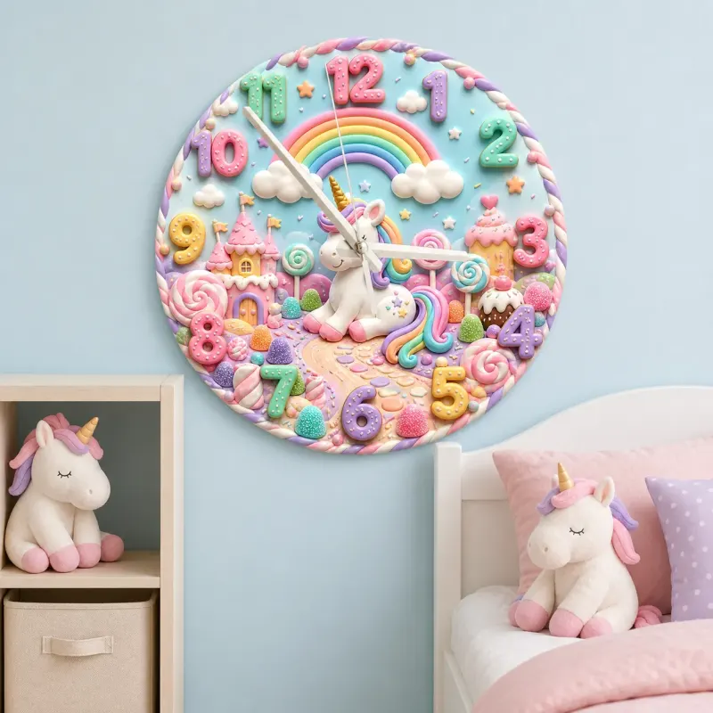 Unicorn Rainbow Candyland Kids Room Wall Clock | Magical Nursery Decor, Baby Girl Birthday Gift Art (13.6 inch / 34.5 cm)