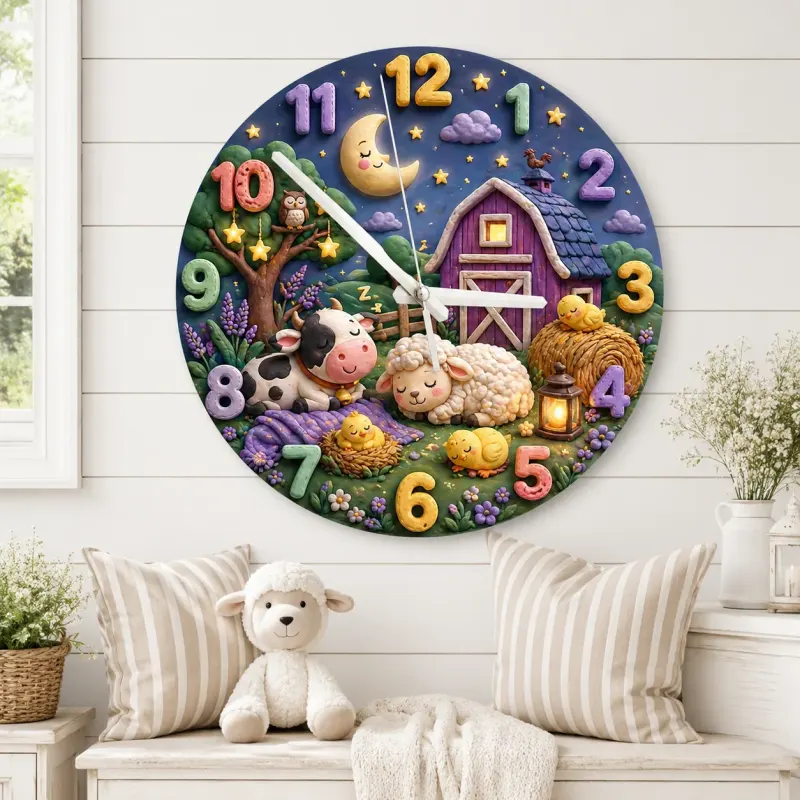 Sleeping Farm Animals Kids Room Wall Clock | Nighttime Nursery Decor, Sweet Dreams Baby Shower Gift For Boys Girls (13.6 inch / 34.5 cm)