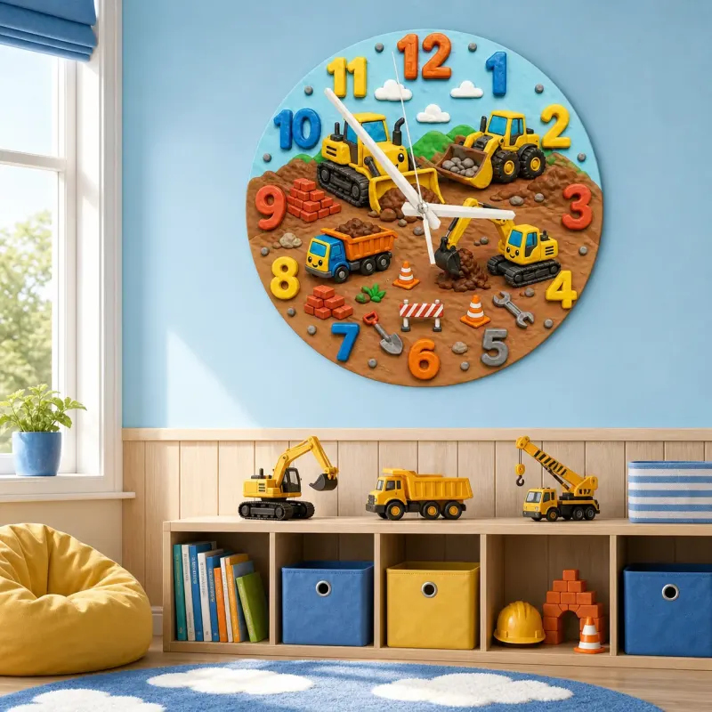 Construction Vehicles Kids Room Wall Clock | Playful Boys Bedroom Nursery Decor, Little Builder Birthday Gift Idea (13.6 inch / 34.5 cm)