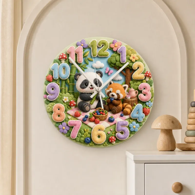 Woodland Panda & Red Panda Picnic Kids Room Wall Clock | Cute Forest Animal Nursery Decor, Baby Shower Gift Keepsake (13.6 inch / 34.5 cm)