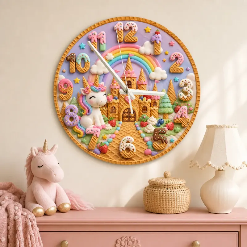 Unicorn Rainbow Castle Kids Room Wall Clock | Fairytale Nursery Decor, Magical Baby Girl Birthday Gift (13.6 inch / 34.5 cm)