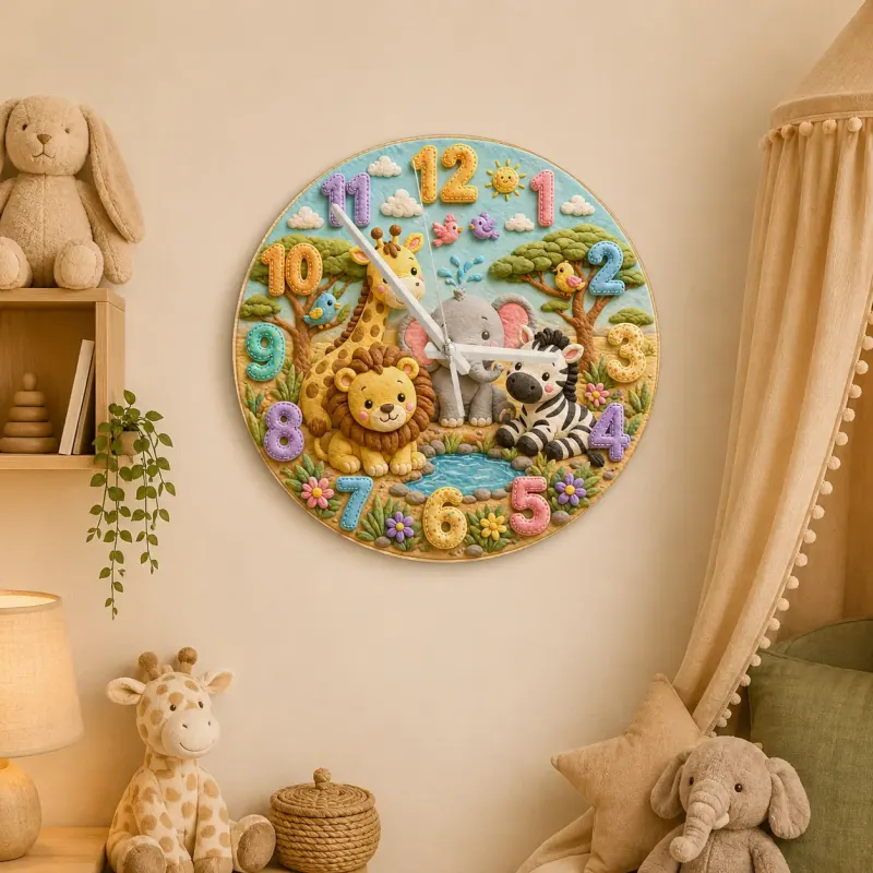 Safari Jungle Animals Kids Room Wall Clock | Cute Lion Elephant Nursery Decor, Unique Baby Shower Gifts for Newborns (13.6 inch / 34.5 cm)
