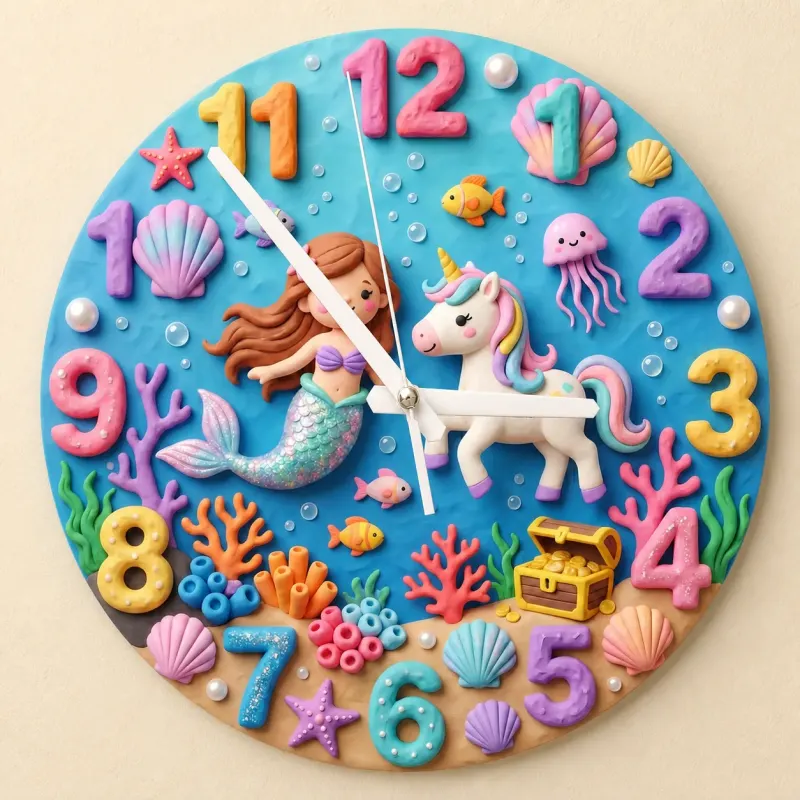 Mermaid & Sea Unicorn Kids Room Wall Clock | Magical Underwater Ocean Nursery Wall Decor, Little Girl Bedroom Gift (13.6 inch / 34.5 cm)