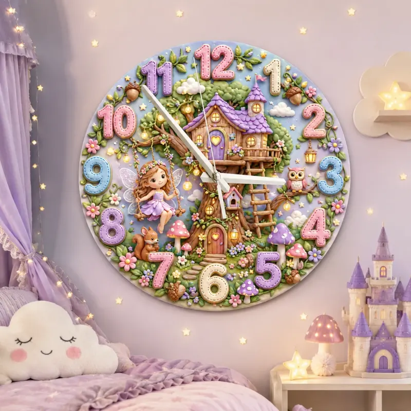 Enchanted Fairy Treehouse Kids Room Wall Clock | Magical Woodland Nursery Decor, Little Girl Birthday Keepsake Gift (13.6 inch / 34.5 cm)