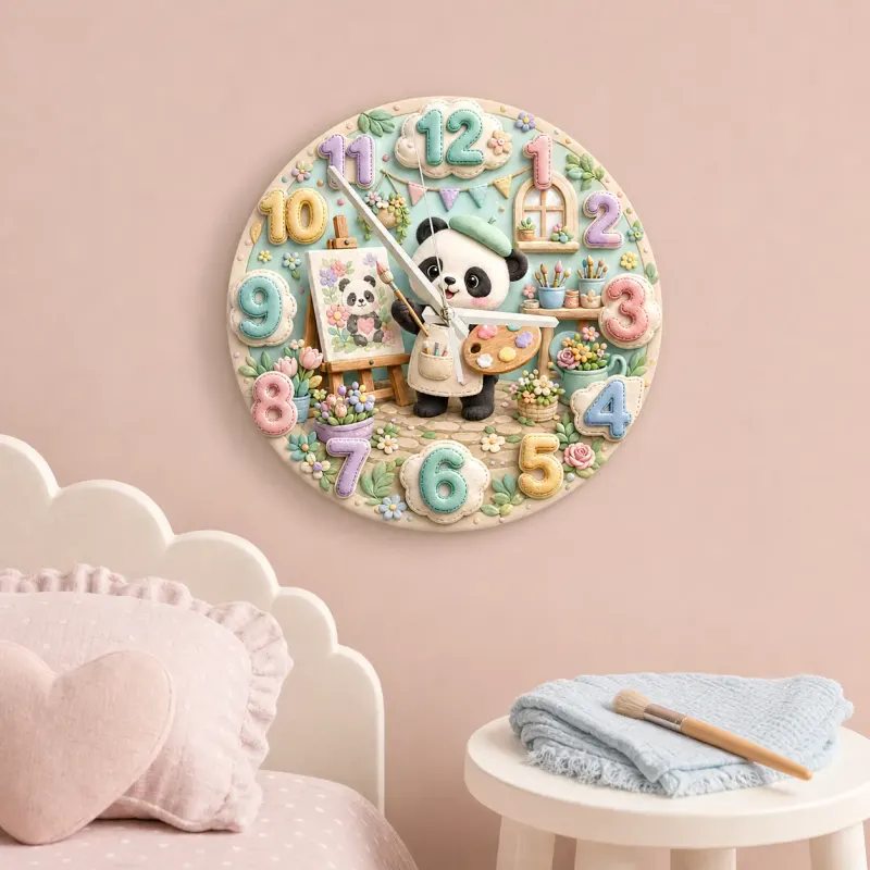 Little Painter Panda Kids Room Wall Clock | Pastel Floral Nursery Decor, Baby Girl Bedroom Birthday Gift Keepsake (13.6 inch / 34.5 cm)