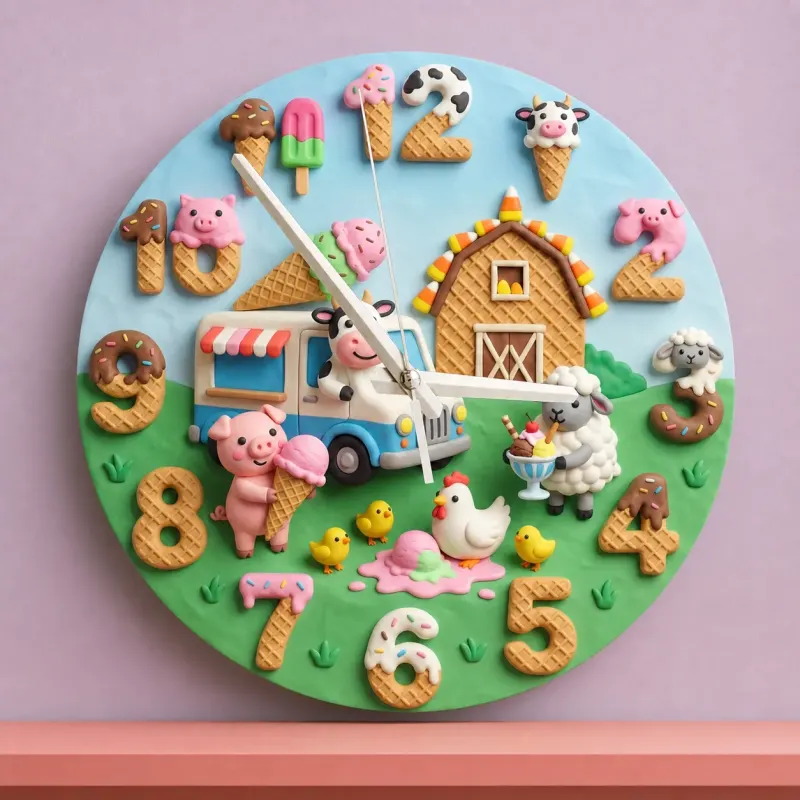 Sweet Ice Cream Farm Animals Kids Room Wall Clock | Playful Nursery Decor, Whimsical Baby Shower Birthday Gift Idea (13.6 inch / 34.5 cm)