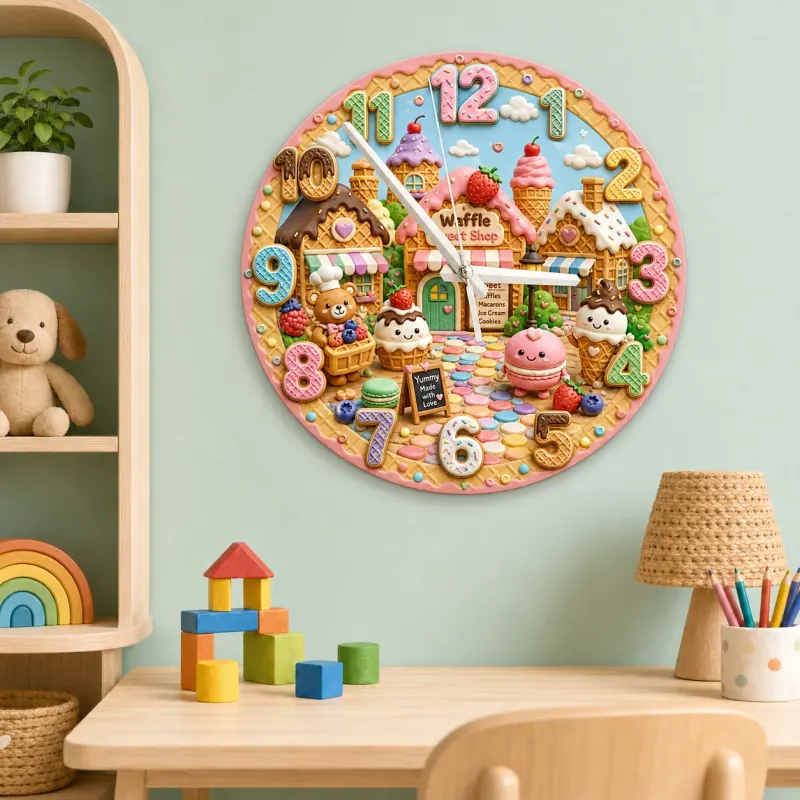 Waffle Sweet Shop Kids Room Wall Clock | Pastel Bakery Nursery Decor, Cute Little Girl Birthday Gift (13.6 inch / 34.5 cm)