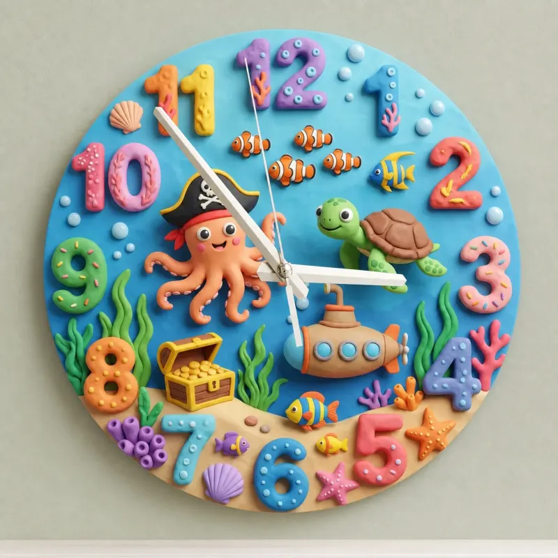 Pirate Octopus Ocean Kids Room Wall Clock | Under The Sea Nursery Decor, Little Boy's Room Birthday Gift & Keepsake (13.6 inch / 34.5 cm)