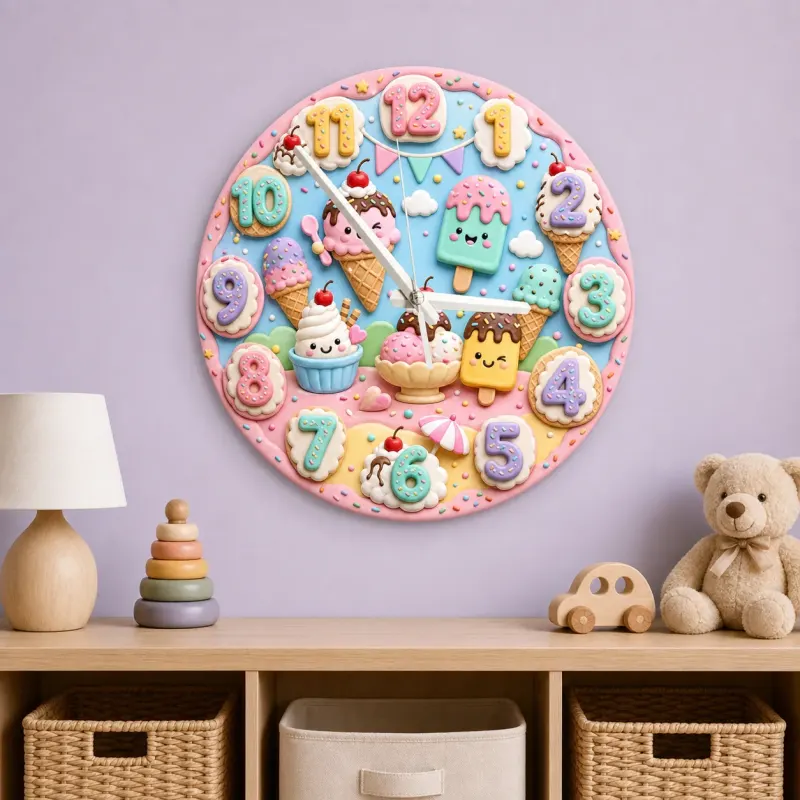 Ice Cream Sweet Treats Kids Room Wall Clock | Pastel Dessert Nursery Decor, Little Girl Birthday Gift (13.6 inch / 34.5 cm)
