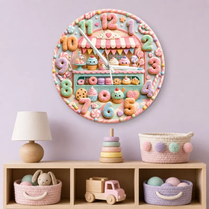 Pastel Bakery Dessert Kids Room Wall Clock | Sweet Shop Nursery Decor, Cute Birthday Gift For Girls (13.6 inch / 34.5 cm)