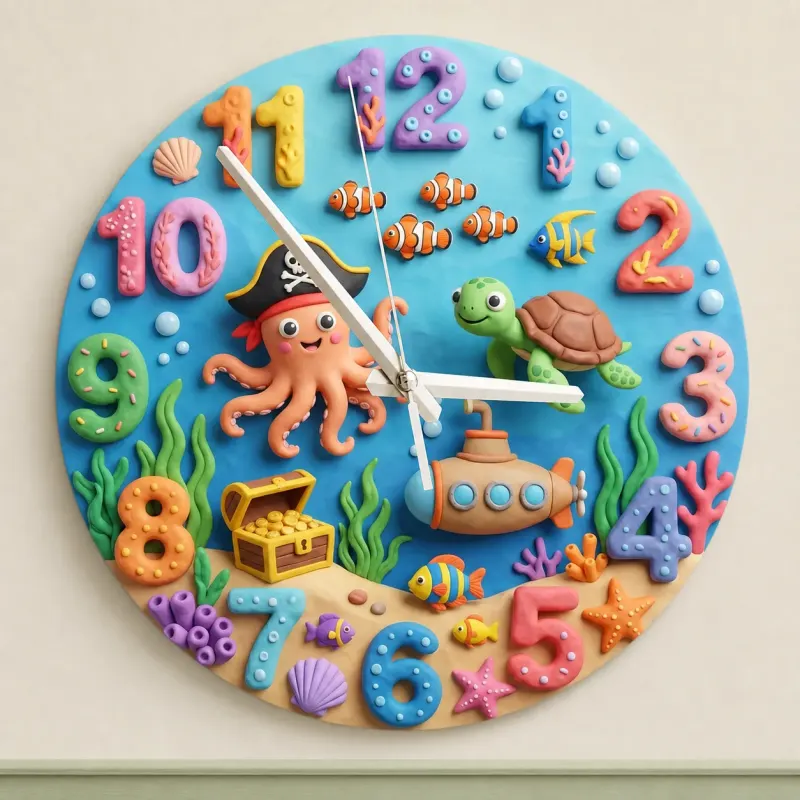 Pirate Octopus Ocean Kids Room Wall Clock | Under The Sea Nursery Decor, Little Boy's Room Birthday Gift & Keepsake (13.6 inch / 34.5 cm)