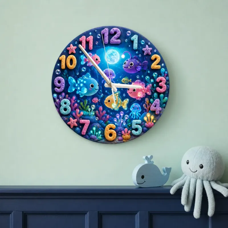 Magical Under The Sea Kids Room Wall Clock | Ocean Fish Nursery Decor, Baby Boy Girl Bedroom Birthday Keepsake Gift (13.6 inch / 34.5 cm)