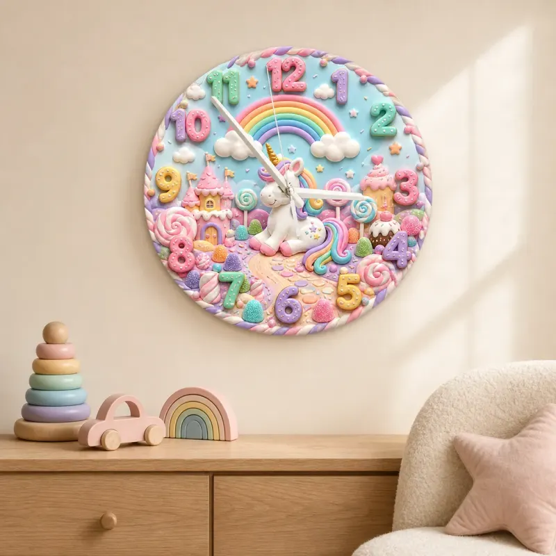 Unicorn Rainbow Candyland Kids Room Wall Clock | Magical Nursery Decor, Baby Girl Birthday Gift Art (13.6 inch / 34.5 cm)