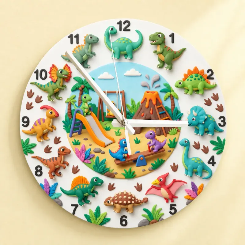 Dinosaur Playground Kids Room Wall Clock | Cute T-Rex Nursery Decor, Playroom Wall Art, Little Boy Birthday Gift Idea (13.6 inch / 34.5 cm)