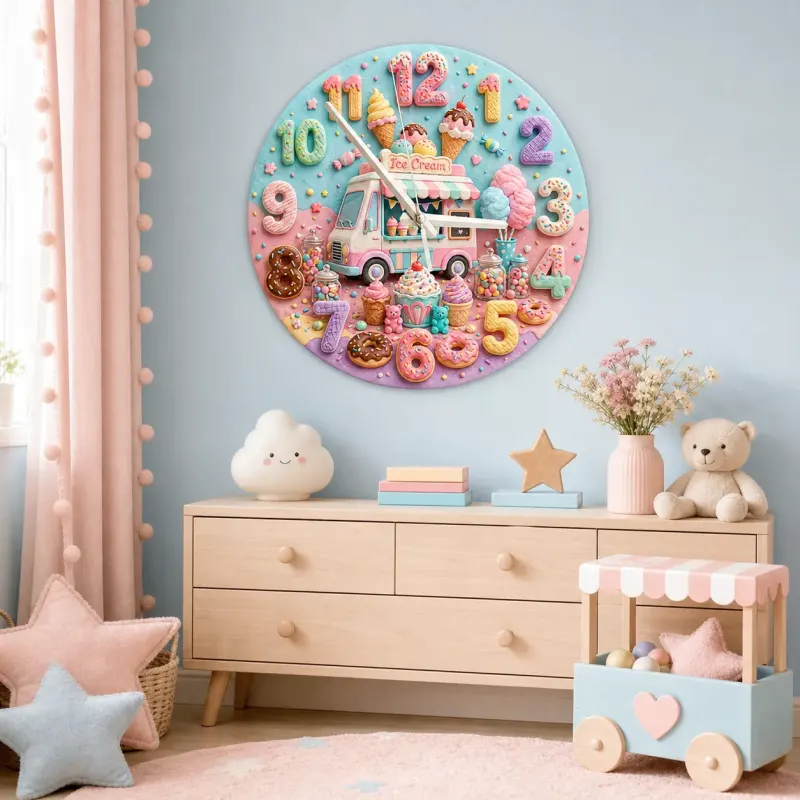 Pastel Ice Cream Truck Kids Room Wall Clock | Sweet Candyland Nursery Wall Decor, Cute Baby Girl Bedroom Birthday Gift (13.6 inch / 34.5 cm)