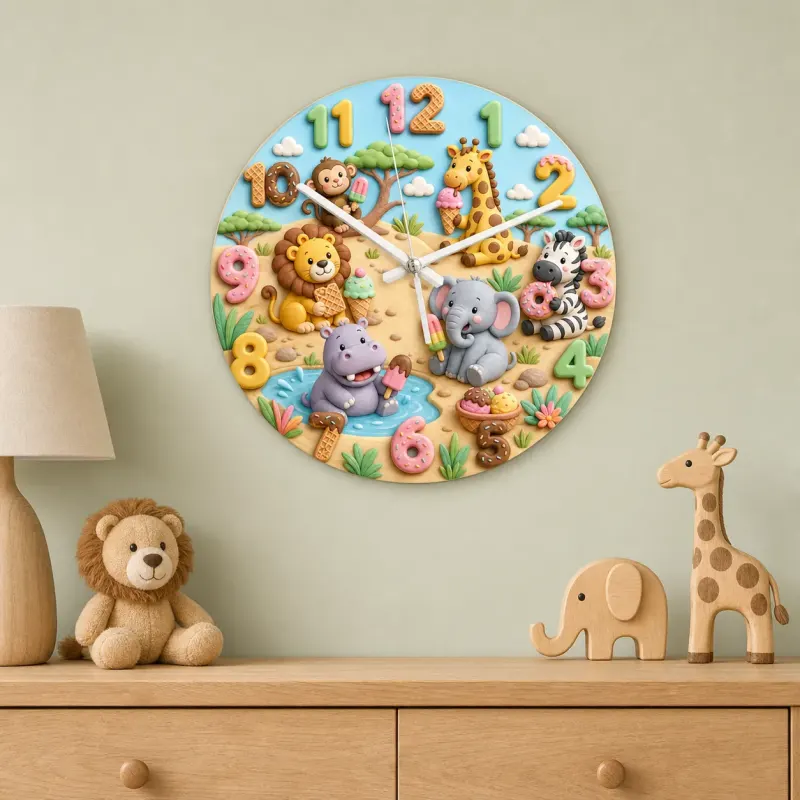 Safari Animals Ice Cream Kids Room Wall Clock | Jungle Nursery Decor, Baby Boy Girl Birthday Gift (13.6 inch / 34.5 cm)