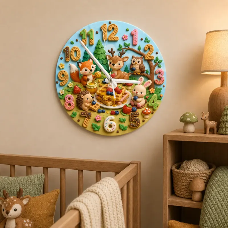 Woodland Waffle Picnic Kids Room Wall Clock | Forest Animal Nursery Decor, Baby Shower Birthday Gift (13.6 inch / 34.5 cm)