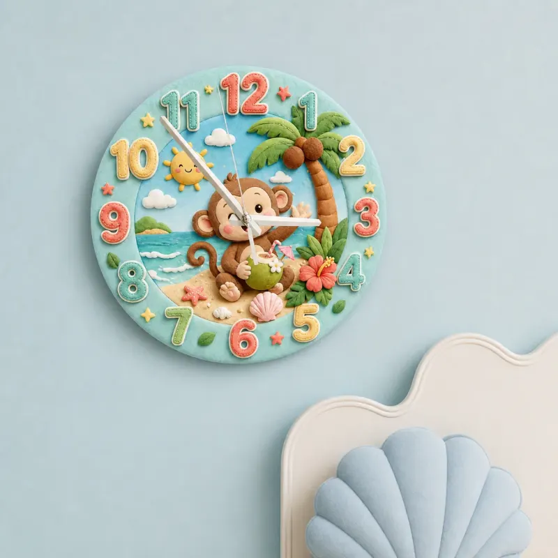 Tropical Beach Monkey Kids Room Wall Clock | Cute Ocean Animal Nursery Decor, Baby Boy Girl Playroom Birthday Gift (13.6 inch / 34.5 cm)
