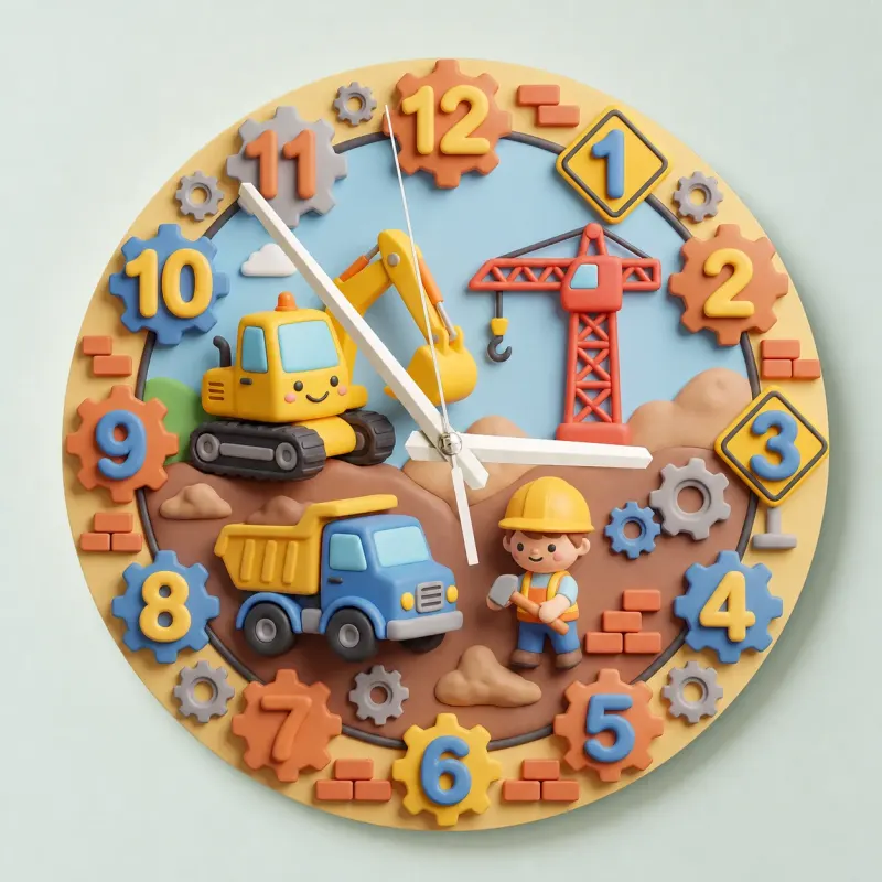 Construction Trucks Kids Room Wall Clock | Digger & Crane Nursery Decor, Little Builder Boy Birthday Gift Keepsake (13.6 inch / 34.5 cm)