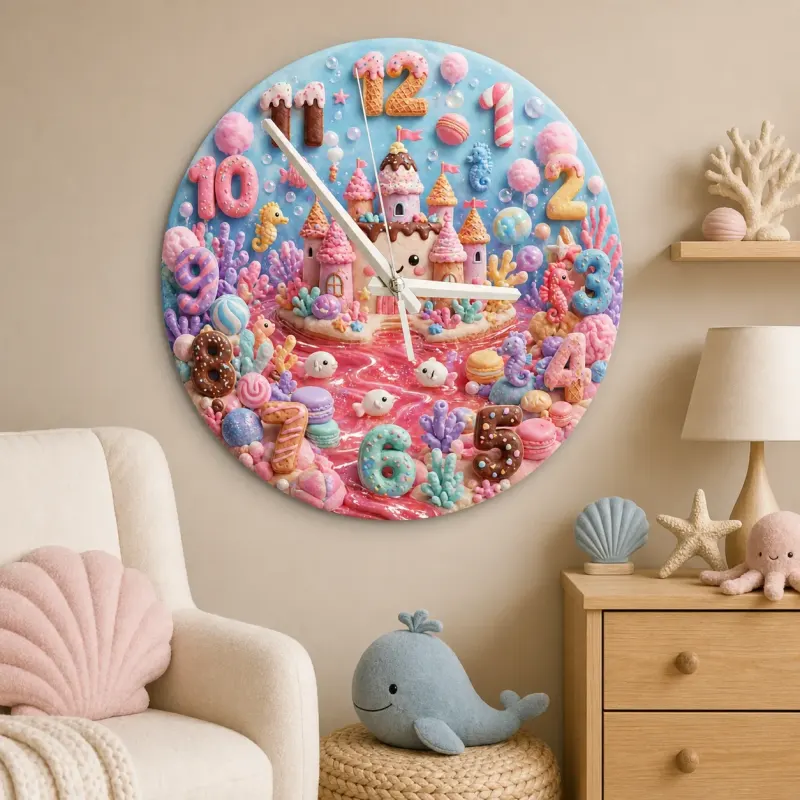 Pastel Candy Castle Kids Room Wall Clock | Sweet Ocean Fantasy Nursery Wall Decor, Little Girl Bedroom Birthday Gift (13.6 inch / 34.5 cm)