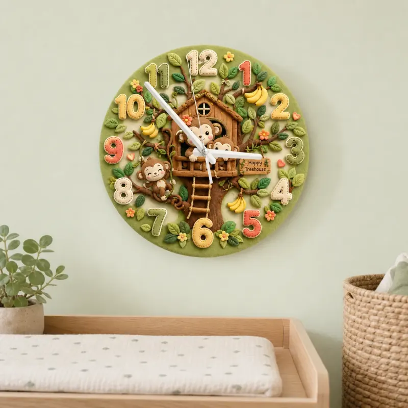Happy Monkey Treehouse Kids Room Wall Clock | Safari Jungle Nursery Decor, Baby Boy Shower Gift & Wood Playroom Art (13.6 inch / 34.5 cm)