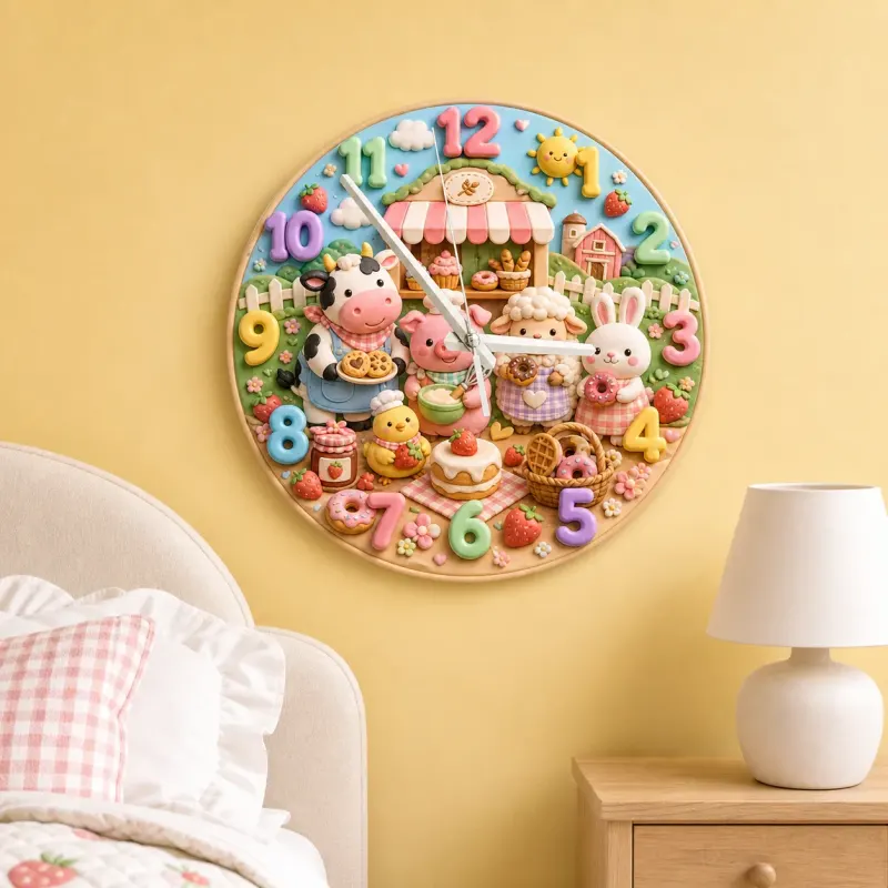 Farm Animals Bakery Kids Room Wall Clock | Barnyard Nursery Decor, Baby Boy Girl Birthday Gift (13.6 inch / 34.5 cm)