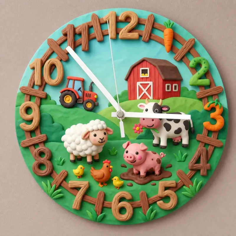 Farm Animals Barnyard Kids Room Wall Clock | Red Tractor Cow Pig Nursery Decor, Baby Boy Girl Birthday Keepsake Gift (13.6 inch / 34.5 cm)