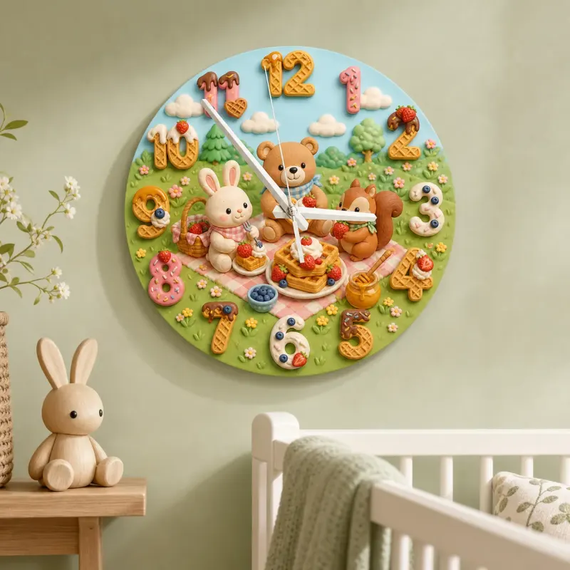 Woodland Animal Waffle Kids Room Wall Clock | Forest Picnic Nursery Decor, Baby Shower Birthday Gift (13.6 inch / 34.5 cm)